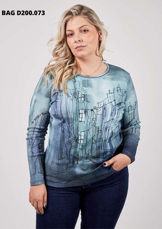 Bagoraz Blue and Teal Round Neck Long Sleeve Top