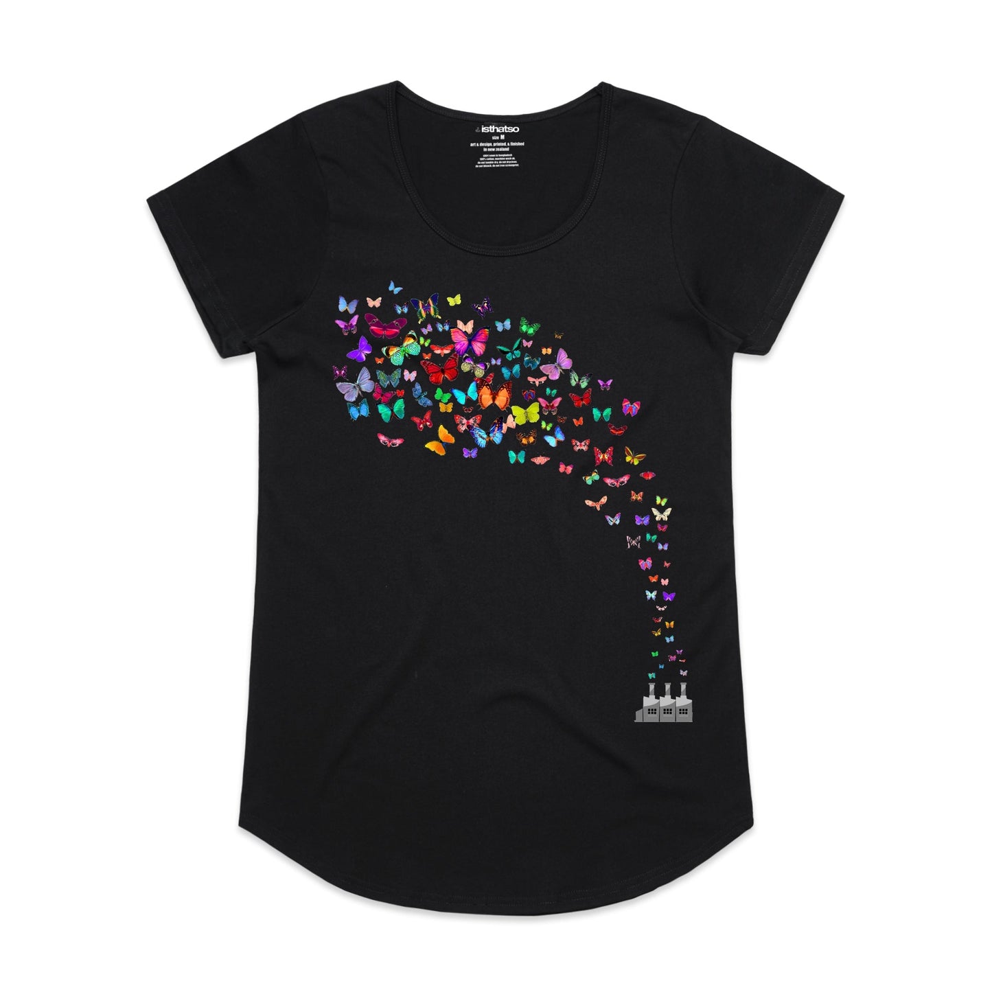 Isthatso Ladies Short Sleeve Tee Factory Butterflies Black