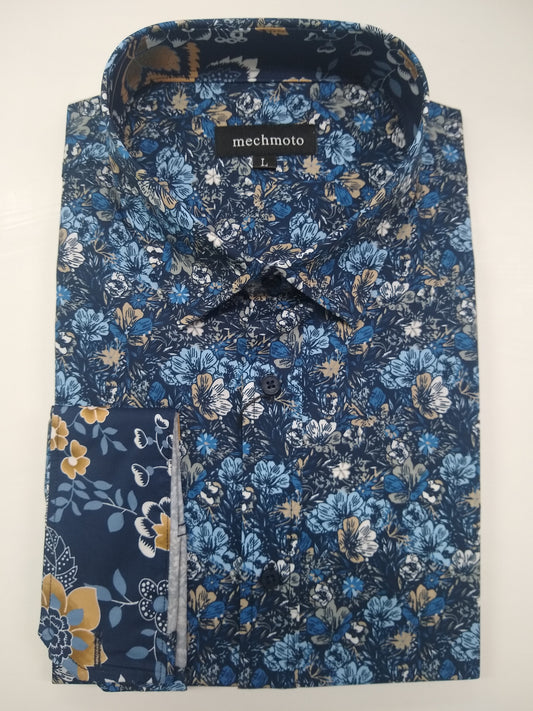 Mechmoto Stretch Floral Long Sleeve Shirt - Navy