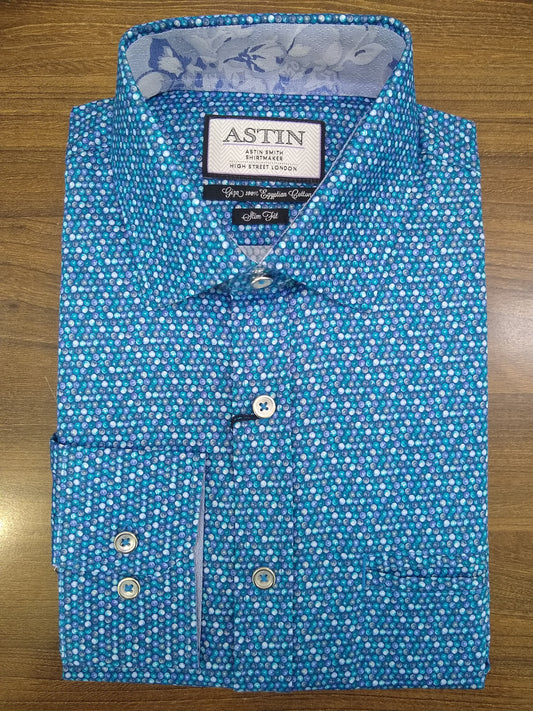 Astin Smith Blue Circles Satin Long Sleeve Shirt