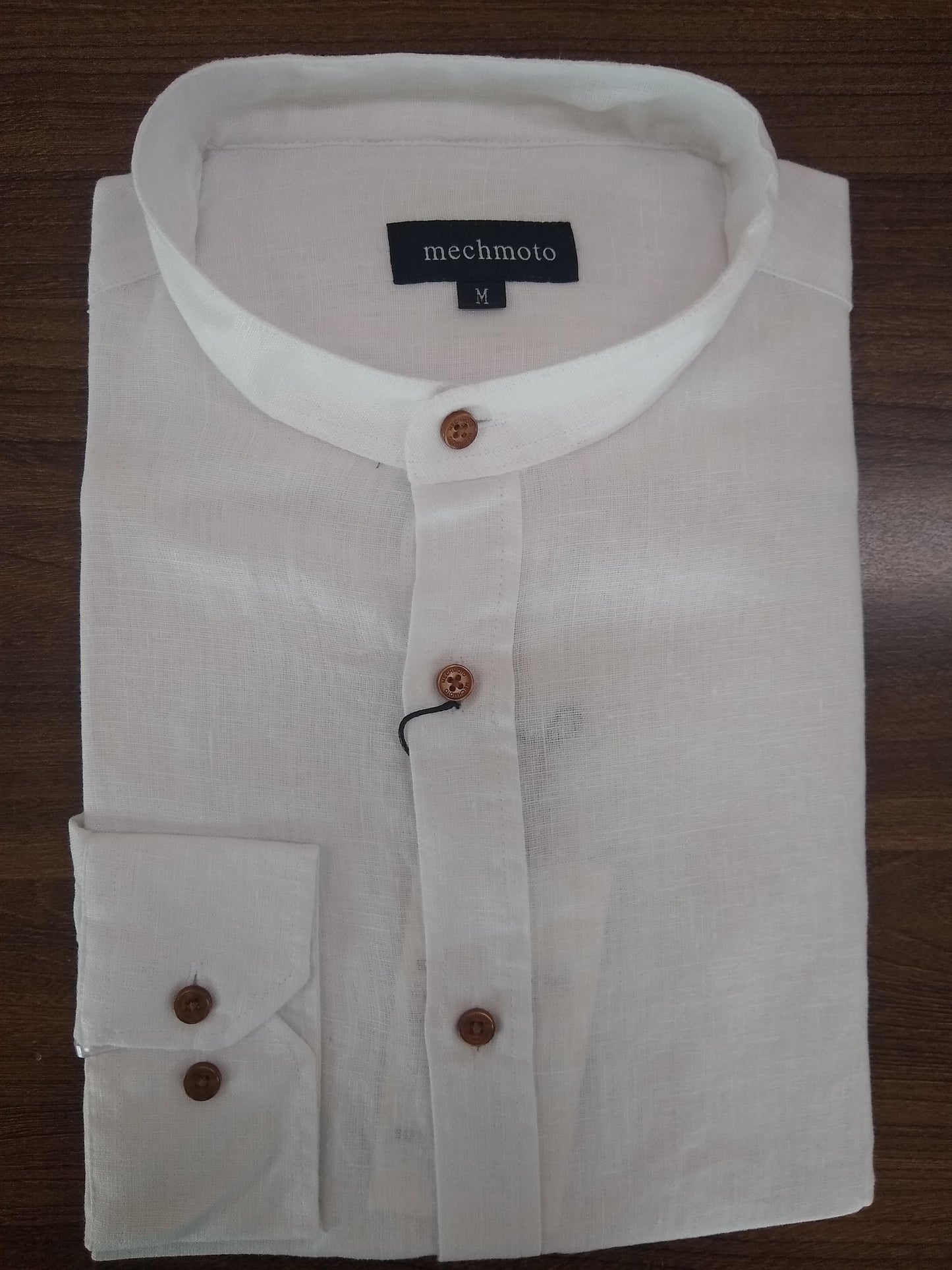 Mechmoto White Linen Chinese Collar Long Sleeve Shirt