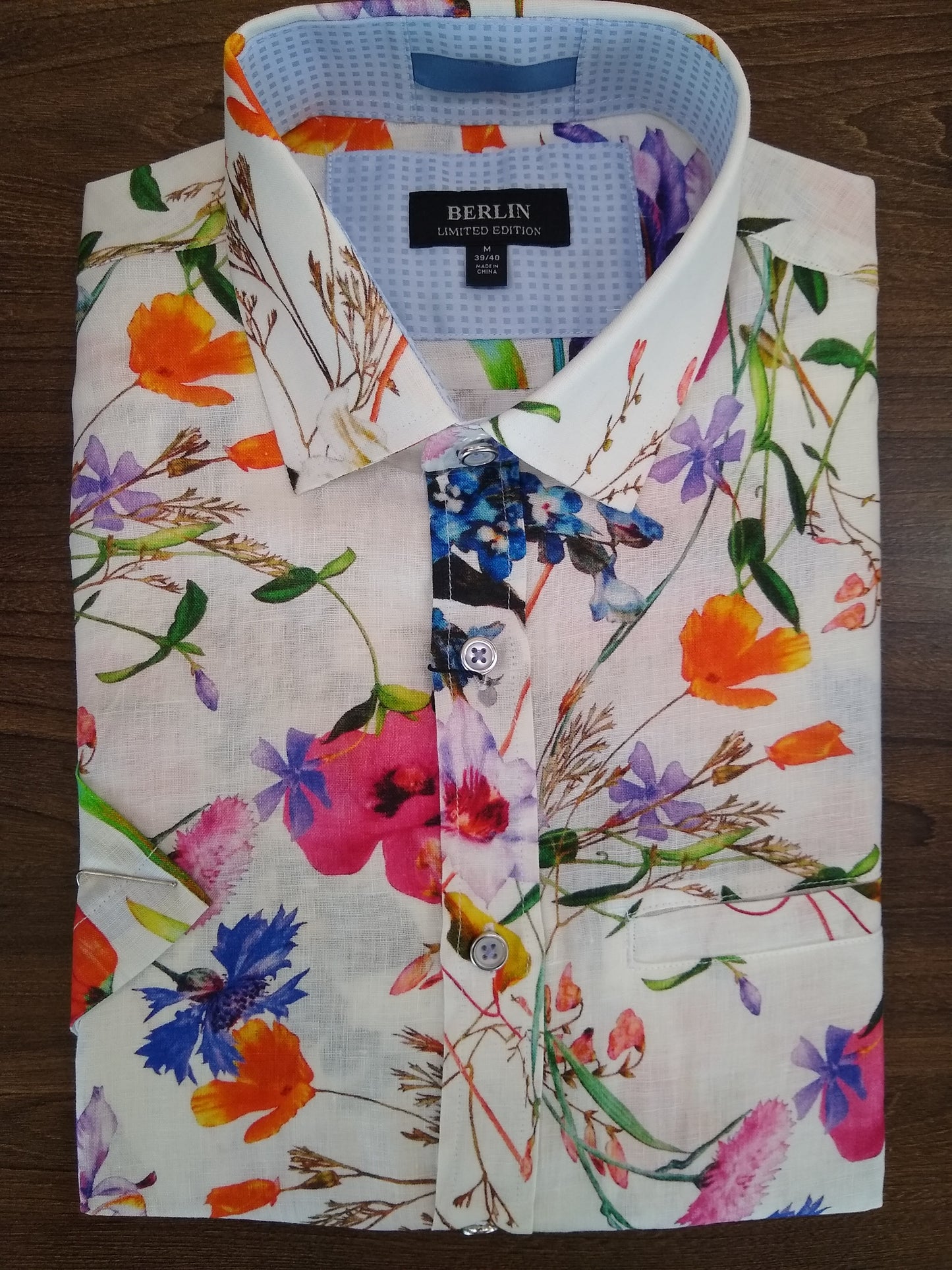 Berlin Large Floral Linen Print Short Sleeve Shirt