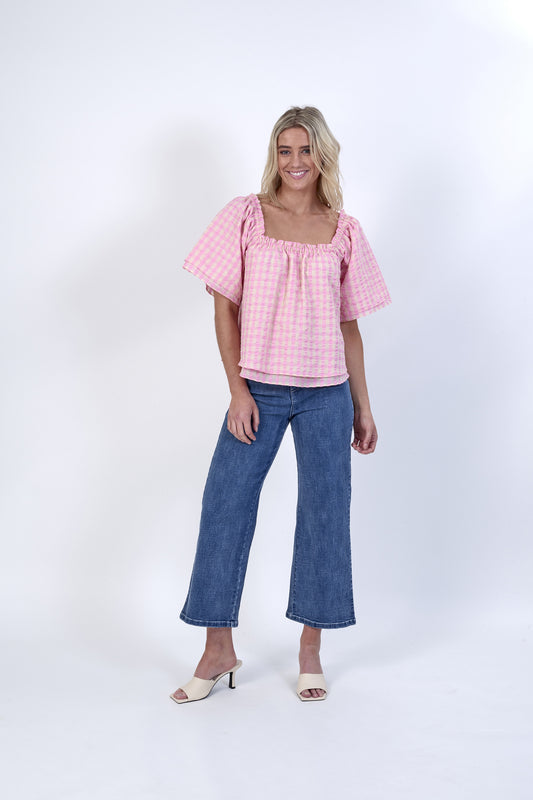 Knewe Pink Check Parade Square Neck Short Sleeve Top