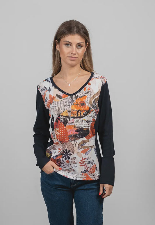 Kalisson Long Sleeve V Neck Ladies Top - Navy/Orange