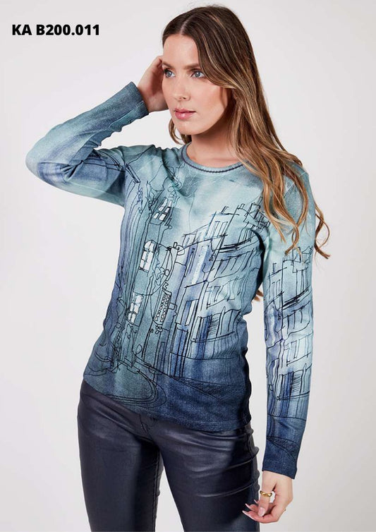 Kalisson  Blue and Teal Round Neck Long Sleeve Top