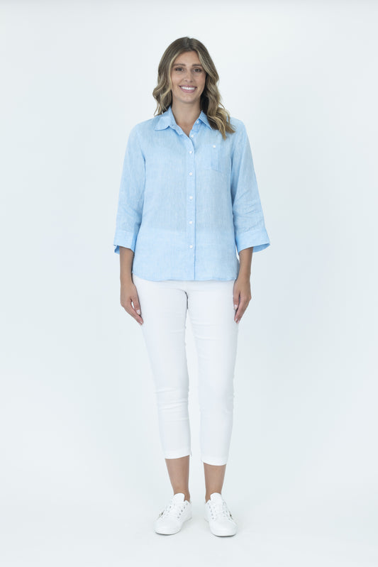 Maglia Ladies Light Blue Linen 3/4 Sleeve Collared Shirt
