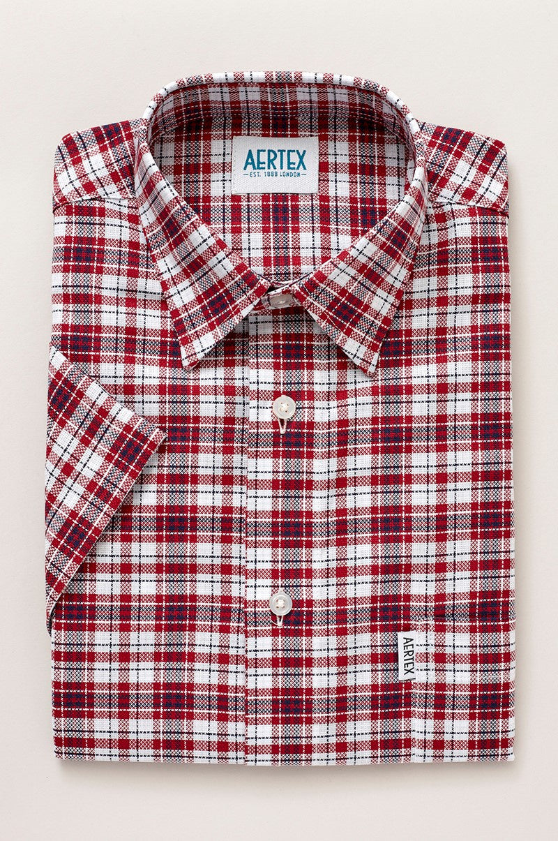 Aertex Taunton Rust Red and White Large Check Short Sleeve Shirt