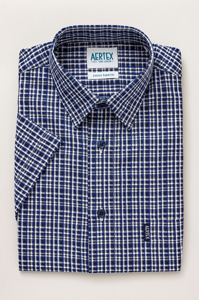 Aertex Taunton Navy White Stripe Check Short Sleeve Shirt