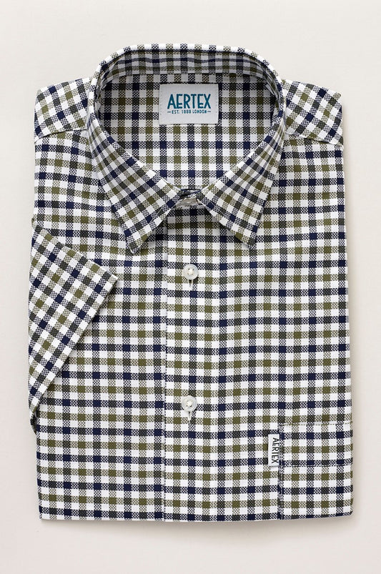Aertex Taunton Khaki Navy Two Colour Check Short Sleeve Shirt